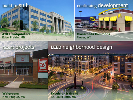 green design: Fairview Clinic, just completed: Excelsior & Grand, under construction: ATK Headquarters, continuing development: Crossroads Commons
